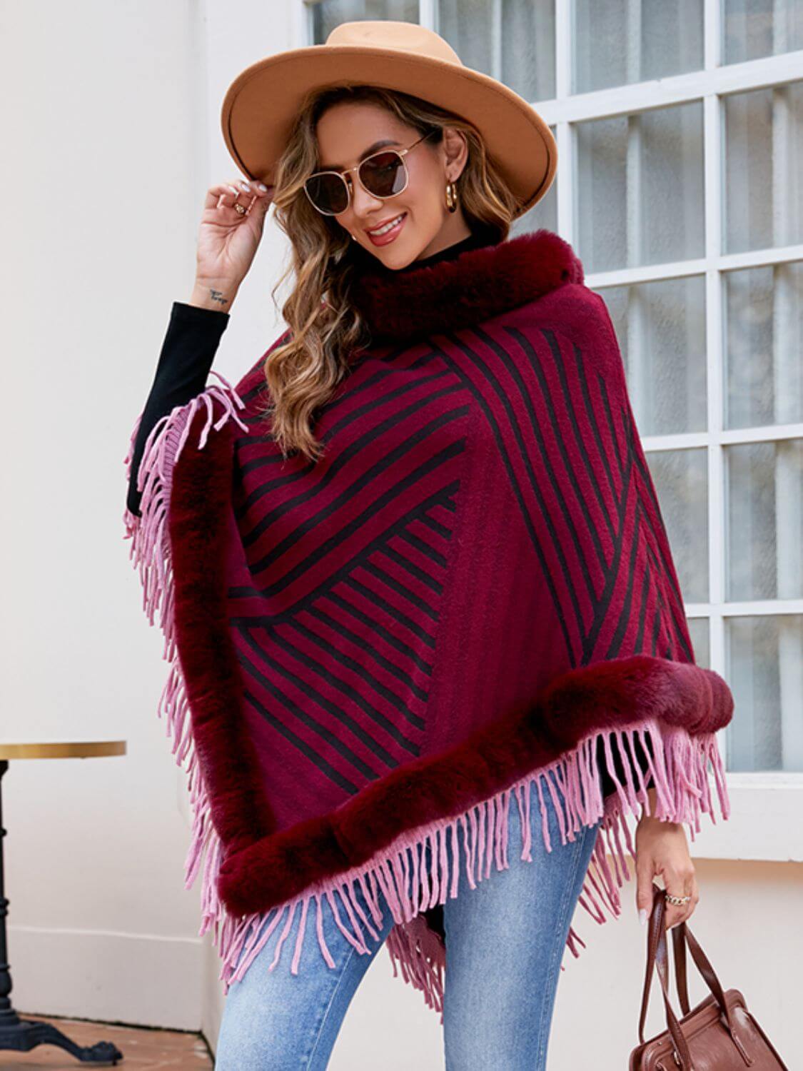 Striped Fringe Hem Poncho - TayDiane