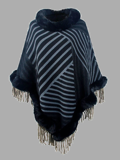 Striped Fringe Hem Poncho - TayDiane