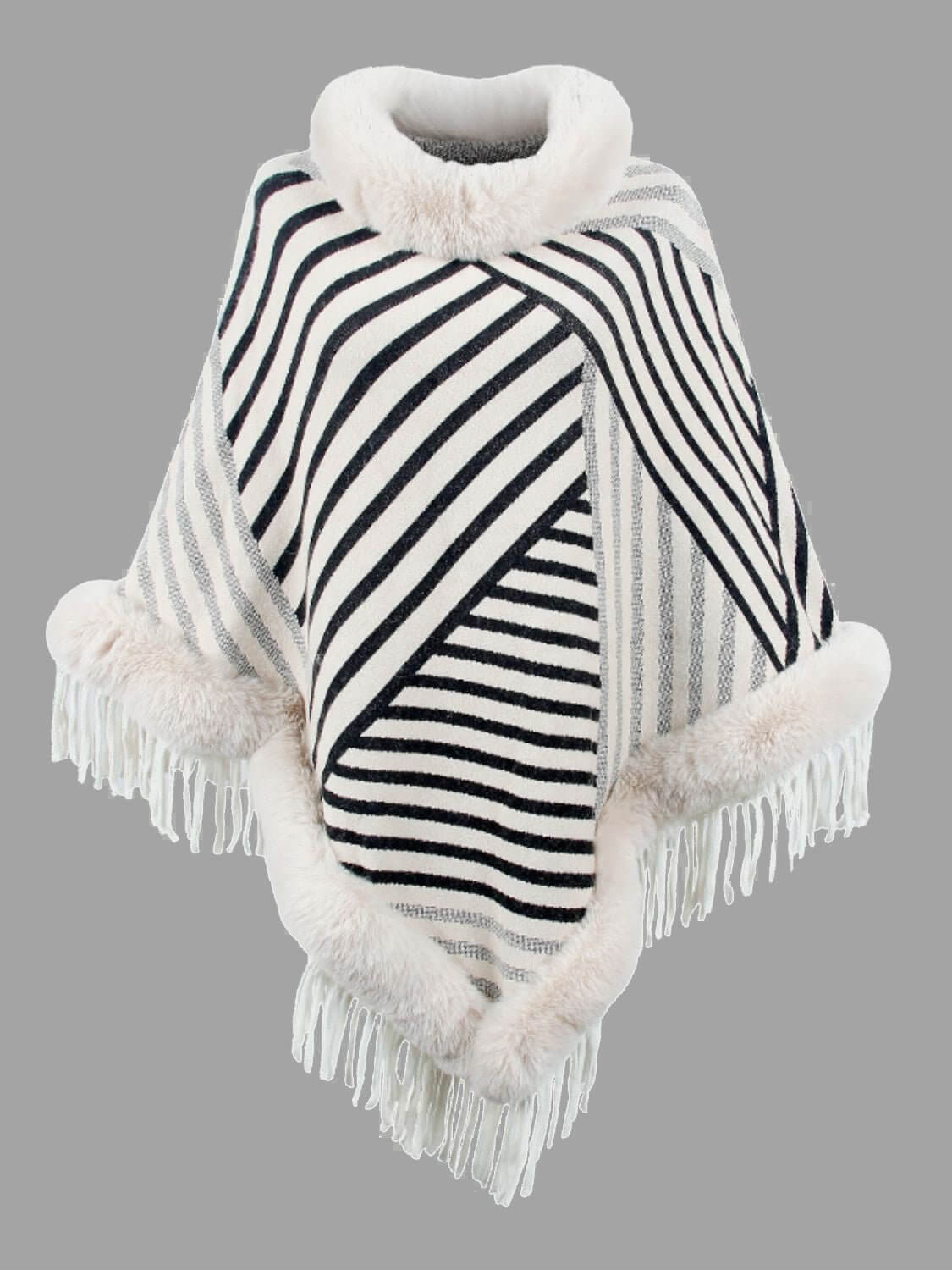 Striped Fringe Hem Poncho - TayDiane