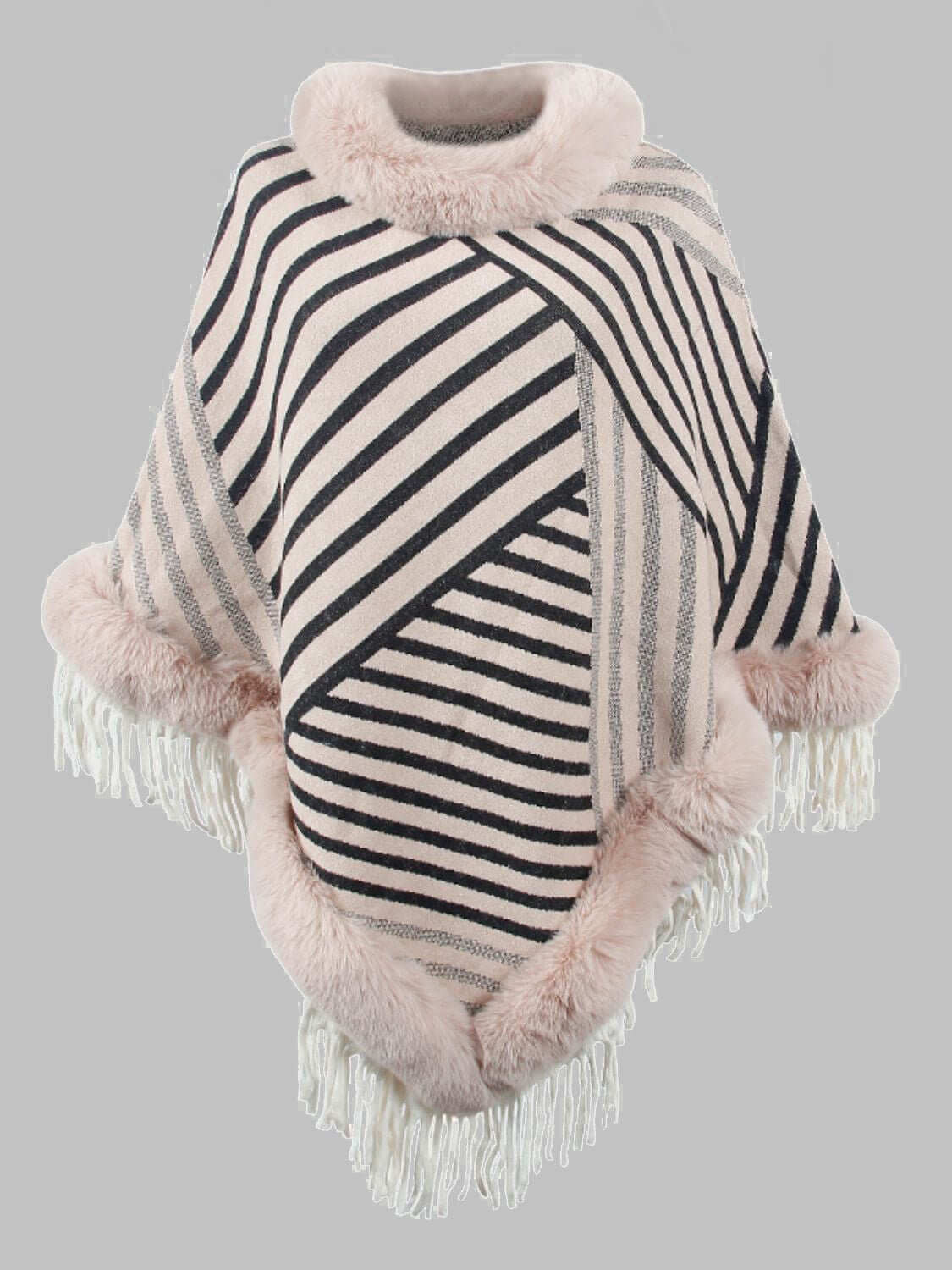 Striped Fringe Hem Poncho - TayDiane