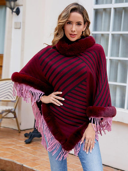 Striped Fringe Hem Poncho - TayDiane