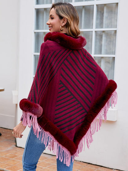 Striped Fringe Hem Poncho - TayDiane