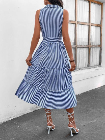 Striped Johnny Collar Sleeveless Midi Dress - TayDiane