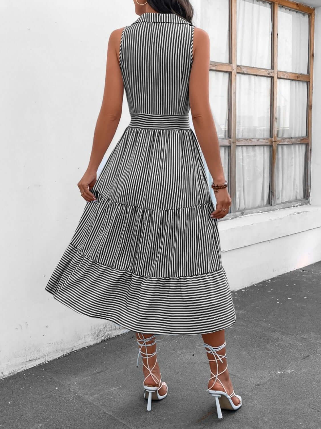 Striped Johnny Collar Sleeveless Midi Dress - TayDiane