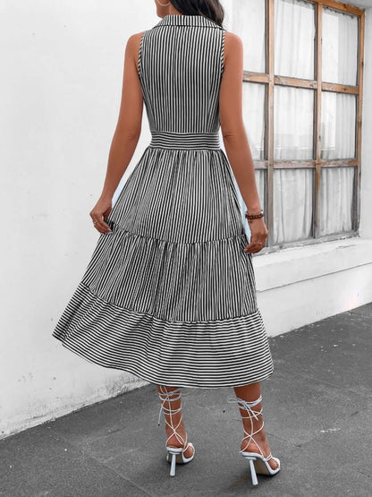 Striped Johnny Collar Sleeveless Midi Dress - TayDiane