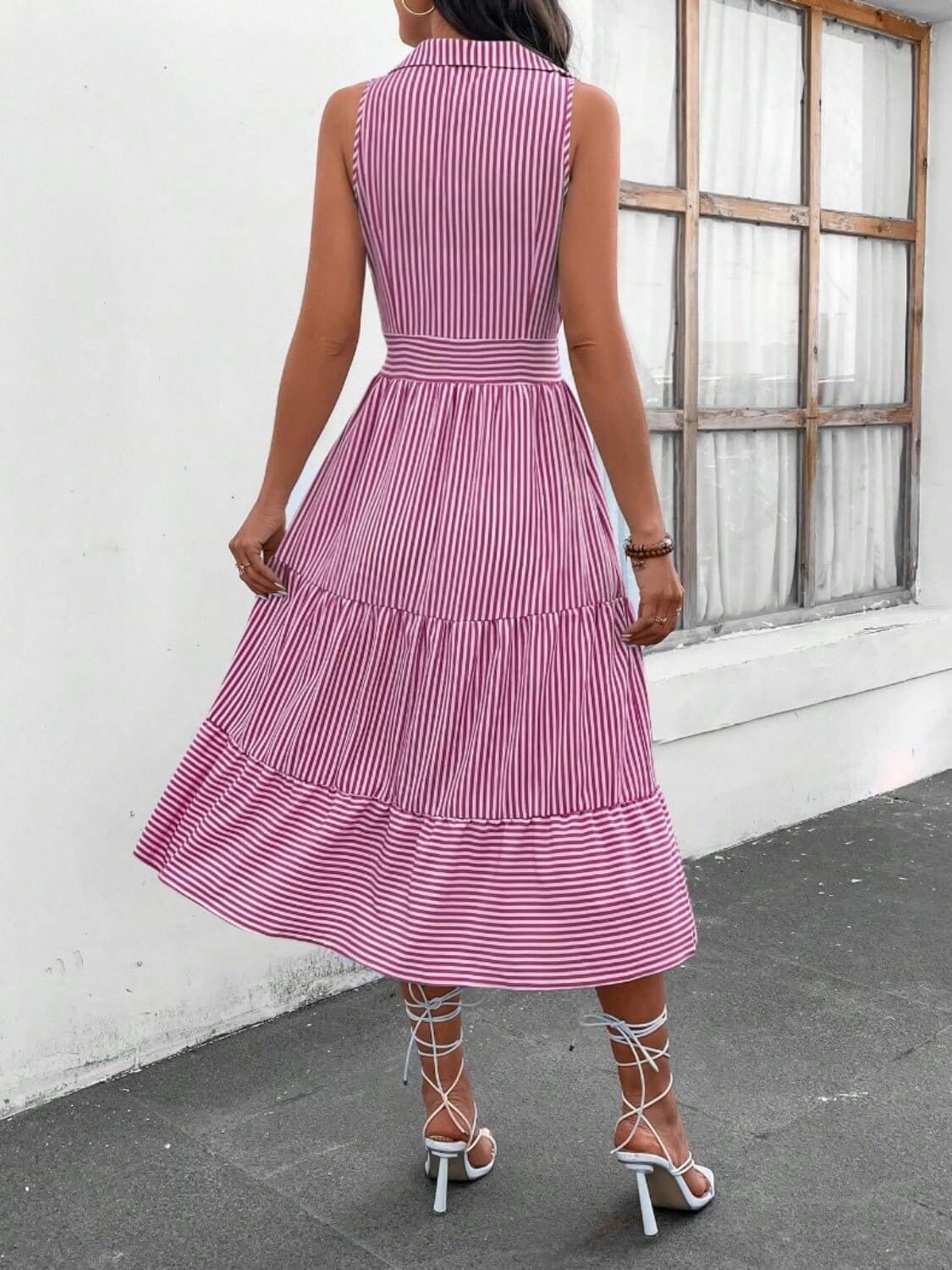 Striped Johnny Collar Sleeveless Midi Dress - TayDiane