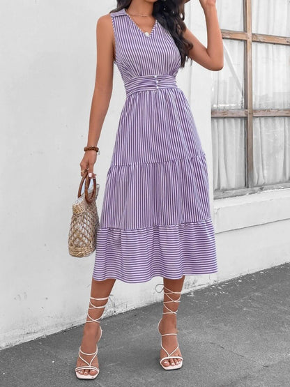 Striped Johnny Collar Sleeveless Midi Dress - TayDiane