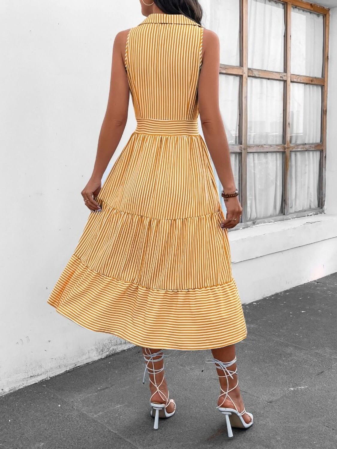 Striped Johnny Collar Sleeveless Midi Dress - TayDiane