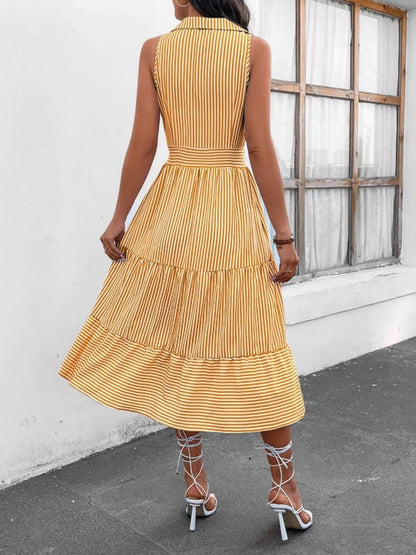 Striped Johnny Collar Sleeveless Midi Dress - TayDiane