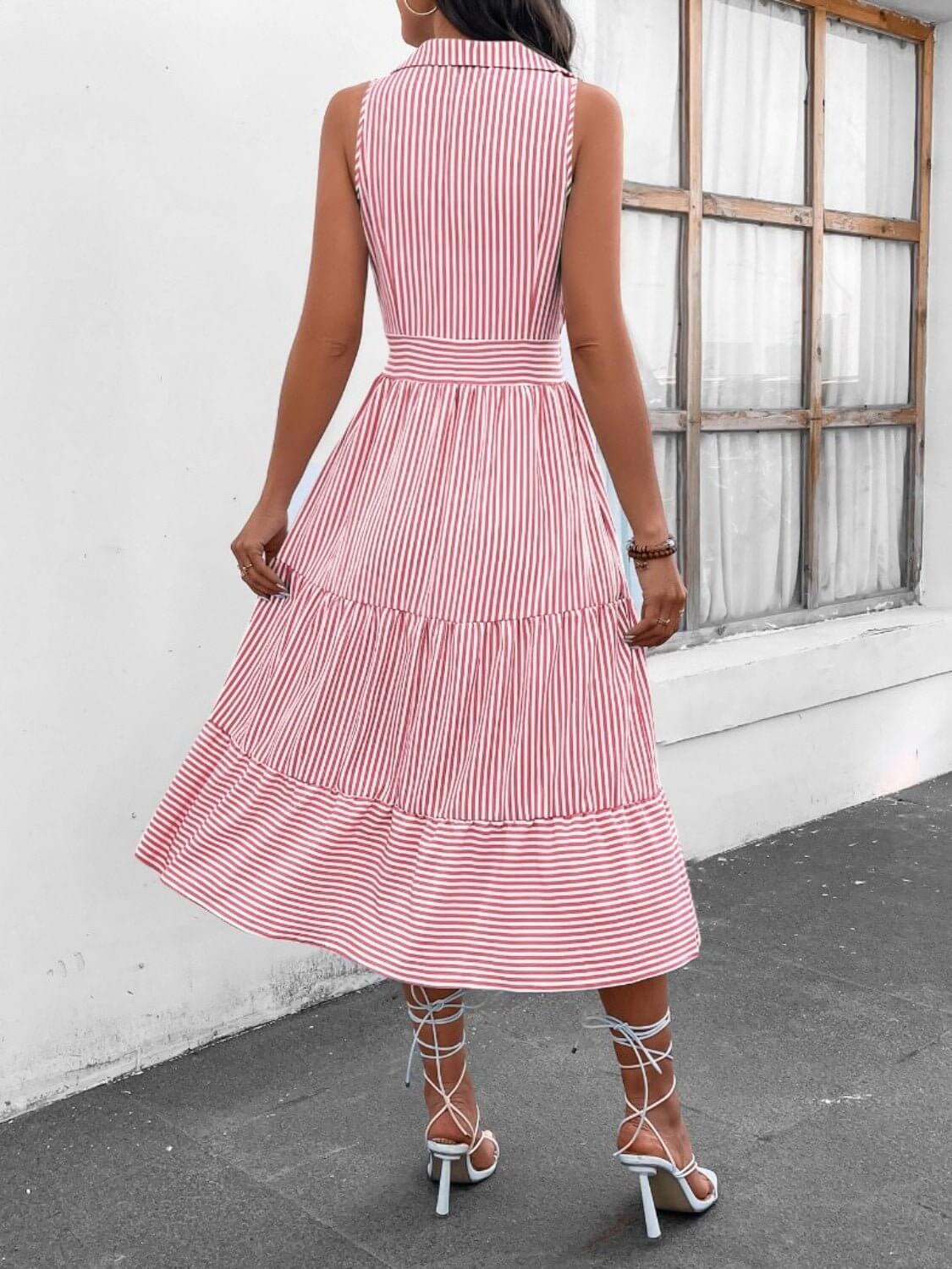 Striped Johnny Collar Sleeveless Midi Dress - TayDiane