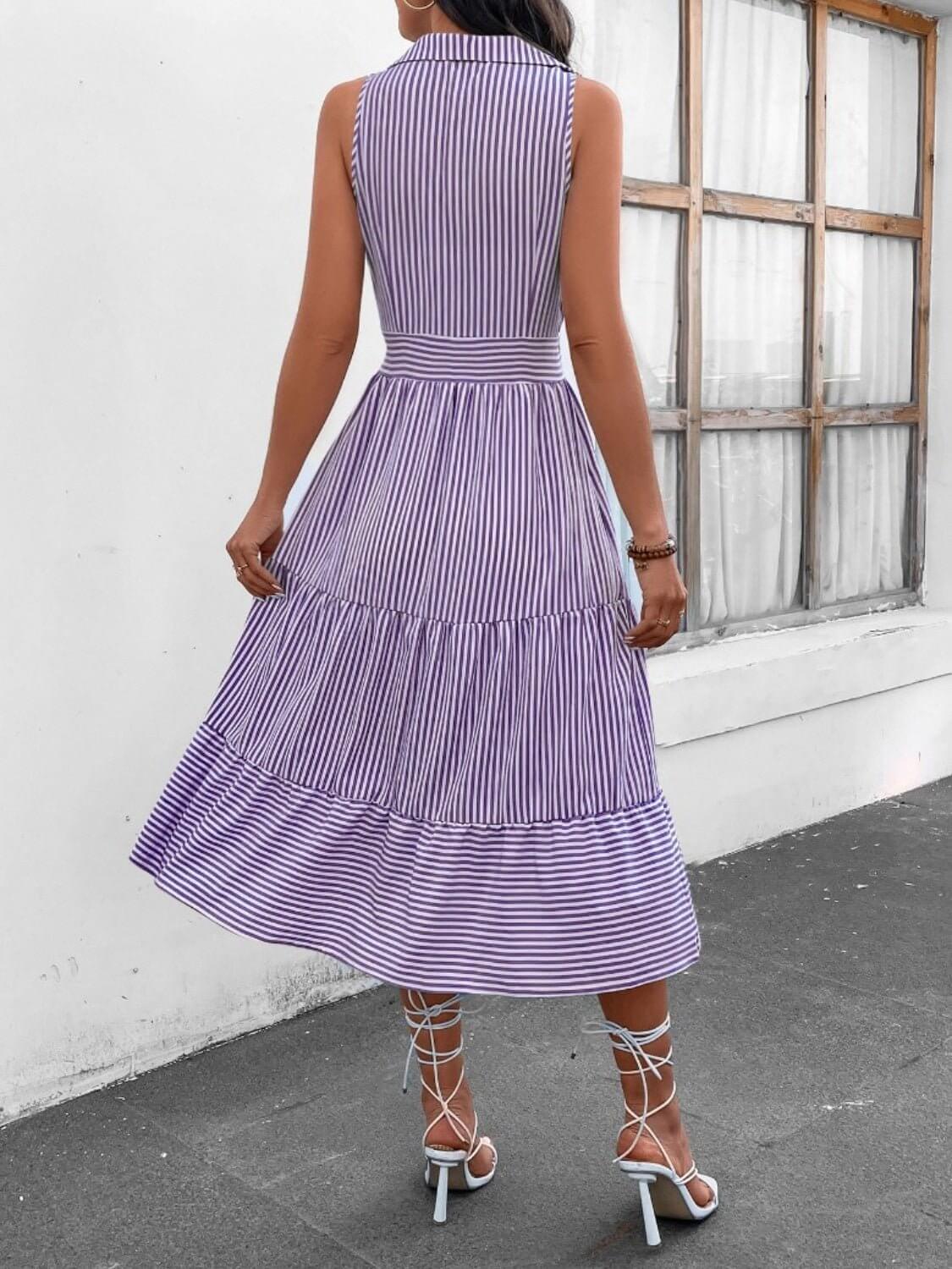 Striped Johnny Collar Sleeveless Midi Dress - TayDiane