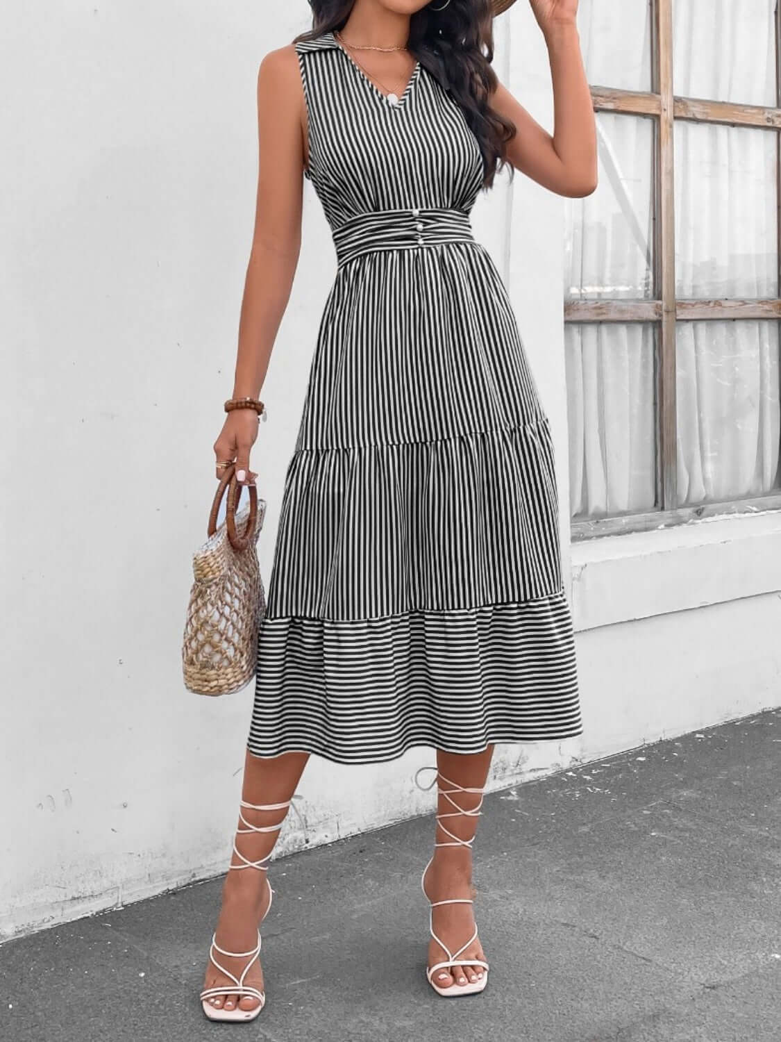 Striped Johnny Collar Sleeveless Midi Dress - TayDiane