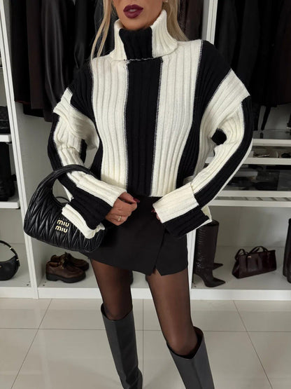 Striped Patchwork Turtleneck Sweater - TayDiane