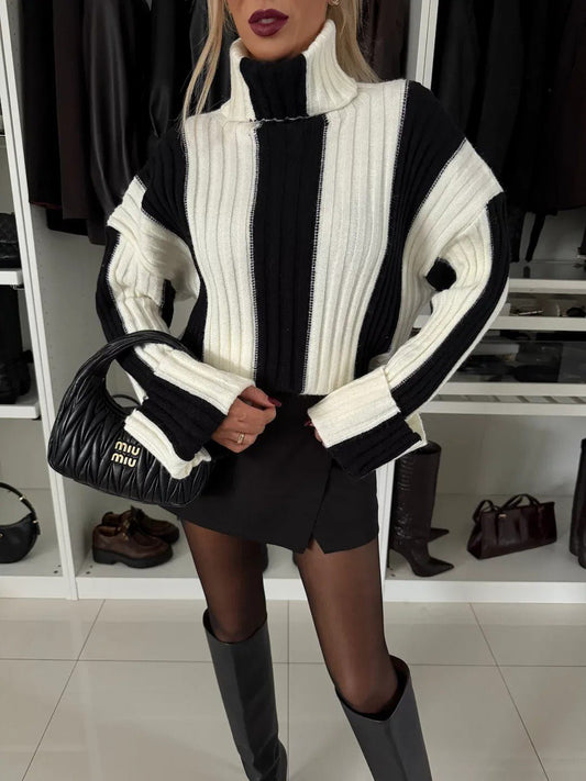 Striped Patchwork Turtleneck Sweater - TayDiane