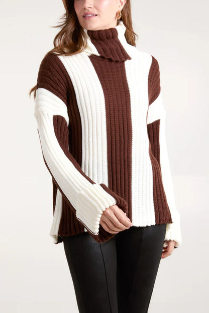 Striped Patchwork Turtleneck Sweater - TayDiane