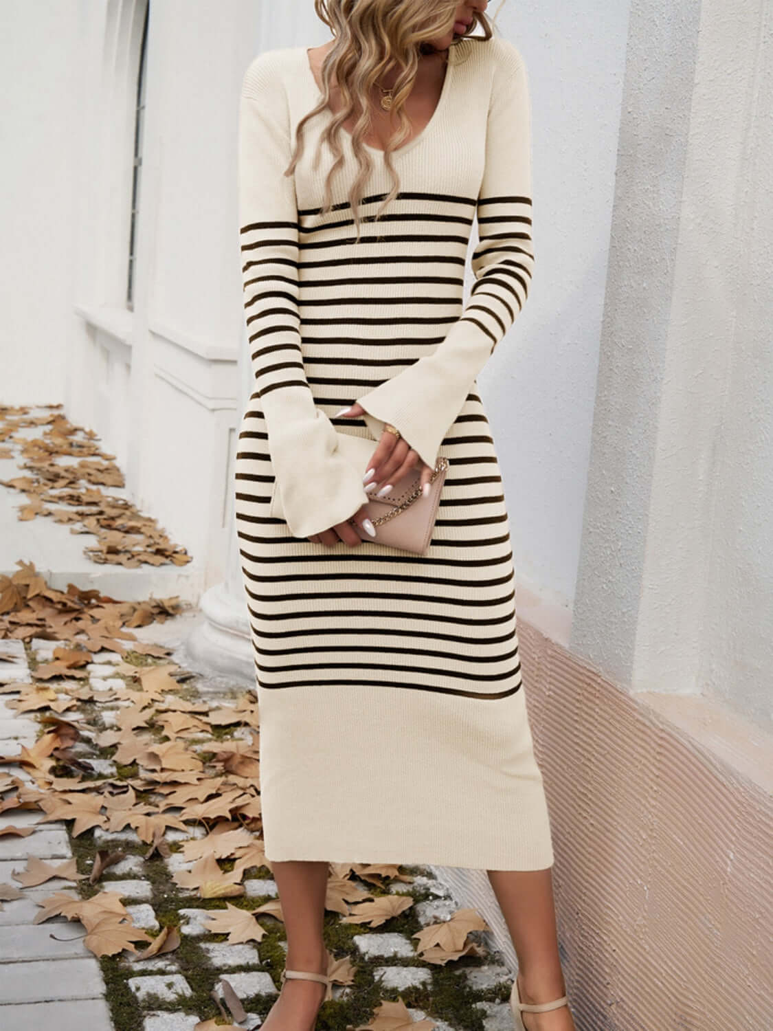 Striped V - Neck Long Sleeve Sweater Dress - TayDiane