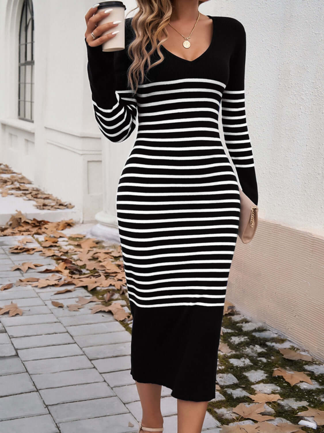 Striped V - Neck Long Sleeve Sweater Dress - TayDiane