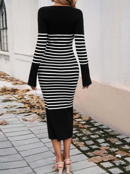 Striped V - Neck Long Sleeve Sweater Dress - TayDiane