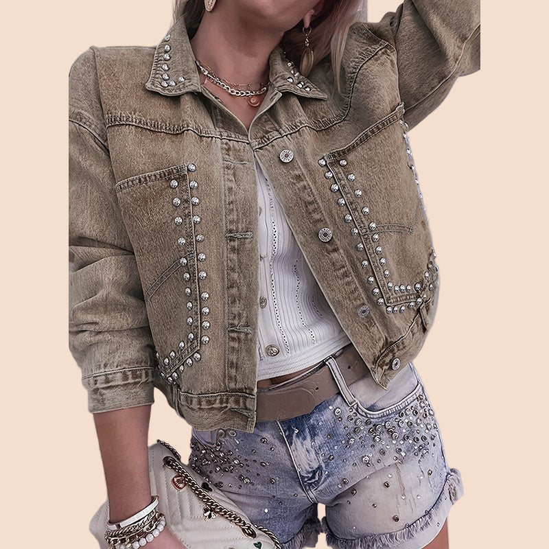 Studded Cropped Jean Jacket - TayDiane