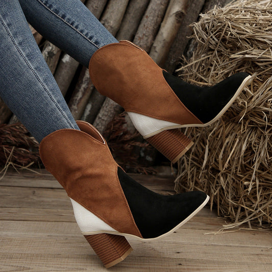 Suede Square Toe Block Heel Boots - TayDiane