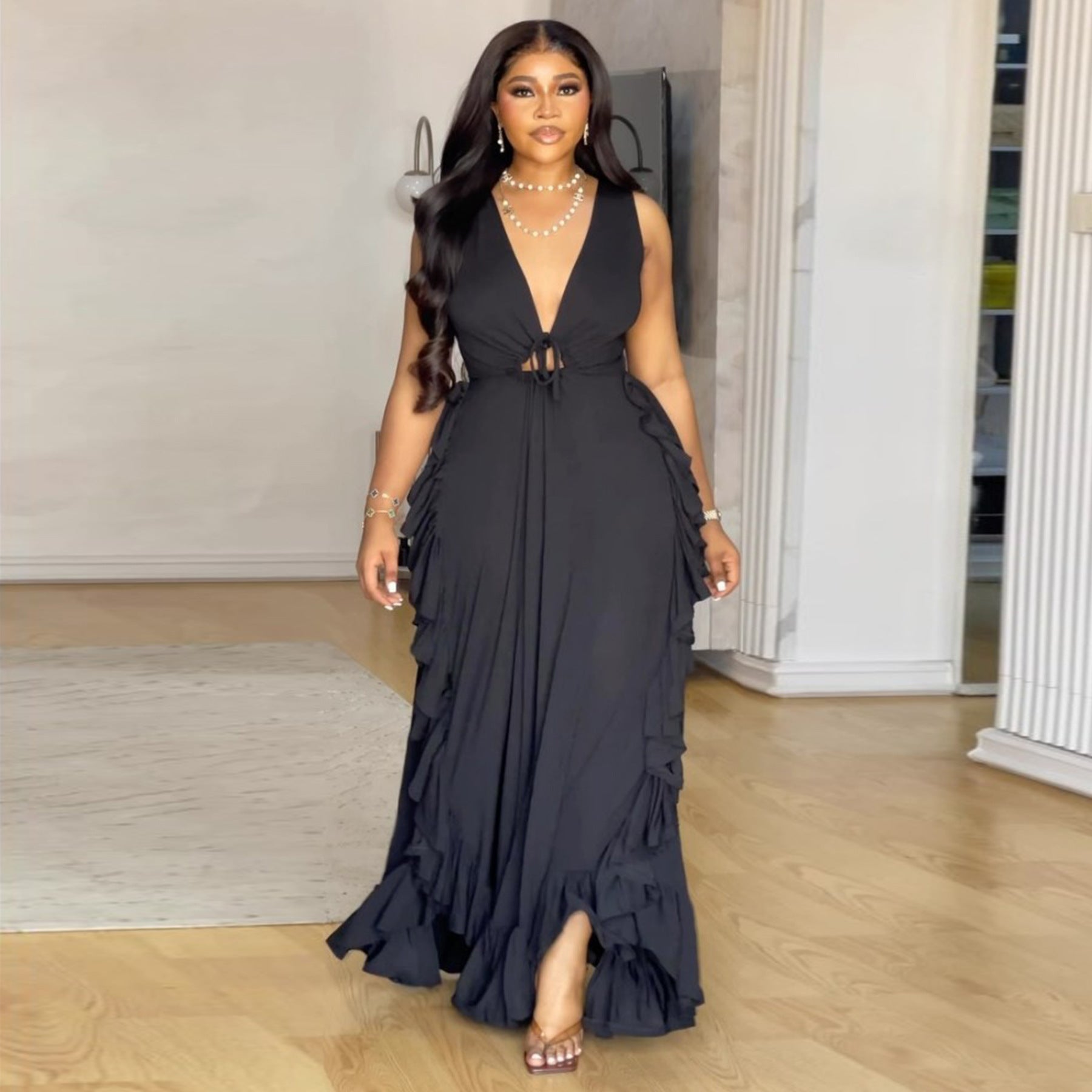 Sultry Elegance Plunge Maxi Dress - TayDiane