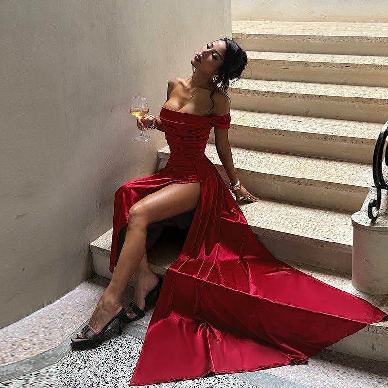 Sultry Off - Shoulder Ruched Satin Maxi Dress - Taydiane