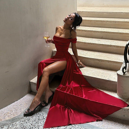 Sultry Off - Shoulder Ruched Satin Maxi Dress - Taydiane