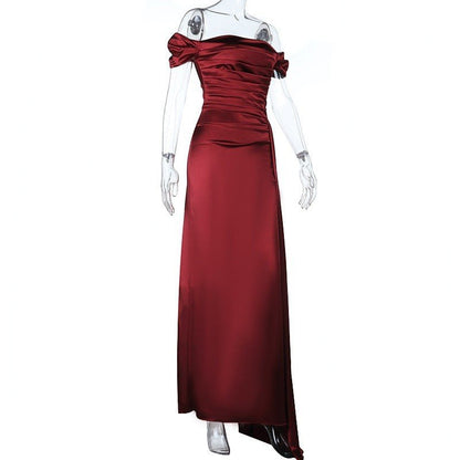Sultry Off - Shoulder Ruched Satin Maxi Dress - Taydiane