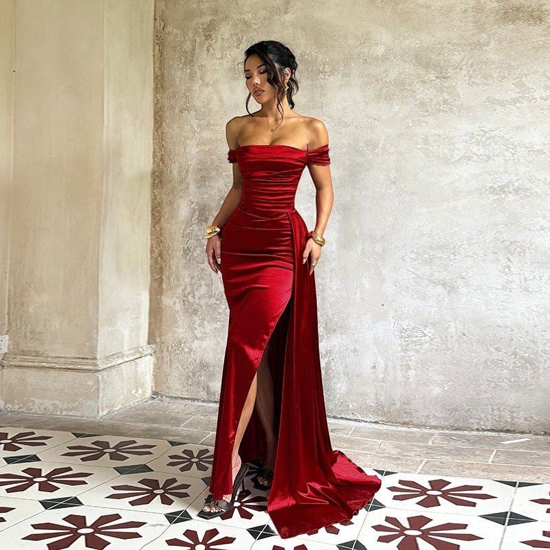Sultry Off - Shoulder Ruched Satin Maxi Dress - Taydiane