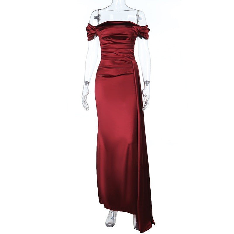 Sultry Off - Shoulder Ruched Satin Maxi Dress - Taydiane