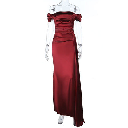 Sultry Off - Shoulder Ruched Satin Maxi Dress - Taydiane