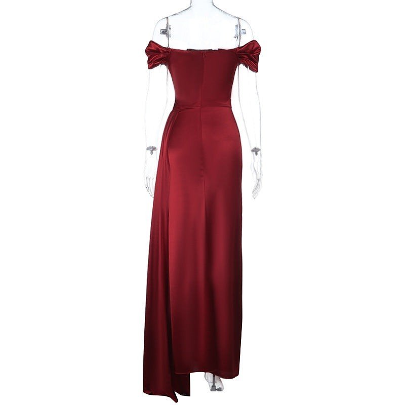 Sultry Off - Shoulder Ruched Satin Maxi Dress - Taydiane