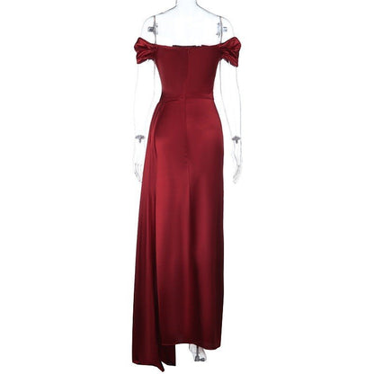 Sultry Off - Shoulder Ruched Satin Maxi Dress - Taydiane