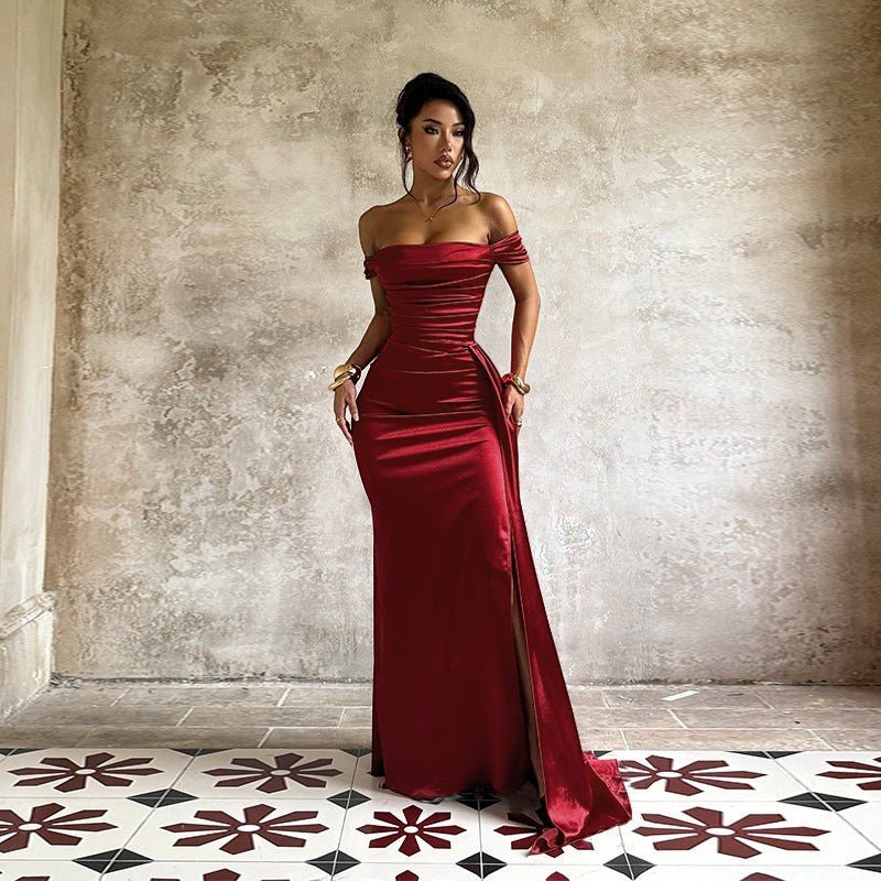 Sultry Off - Shoulder Ruched Satin Maxi Dress - Taydiane