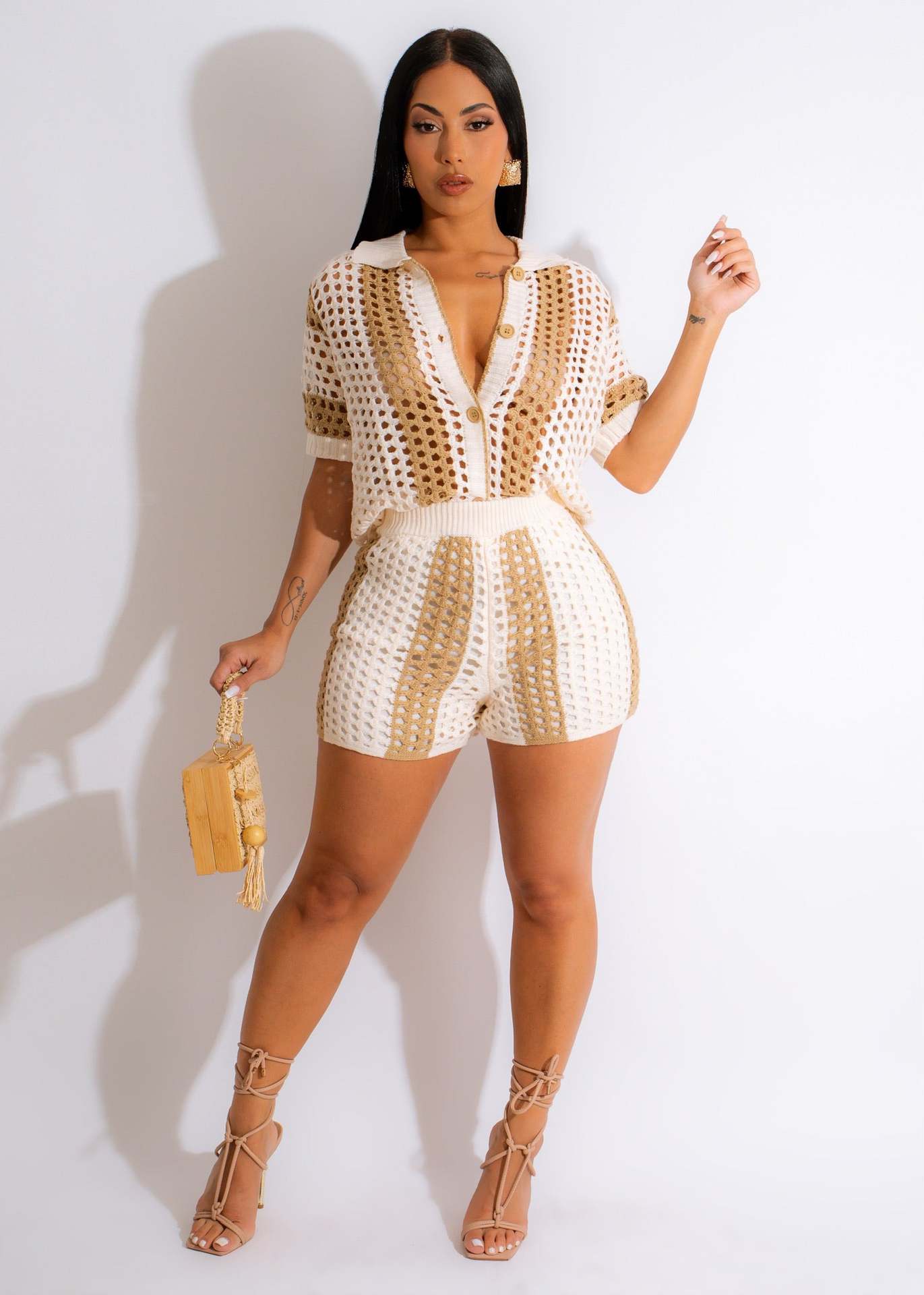 Summer Color Block Knit Shorts Set - TayDiane