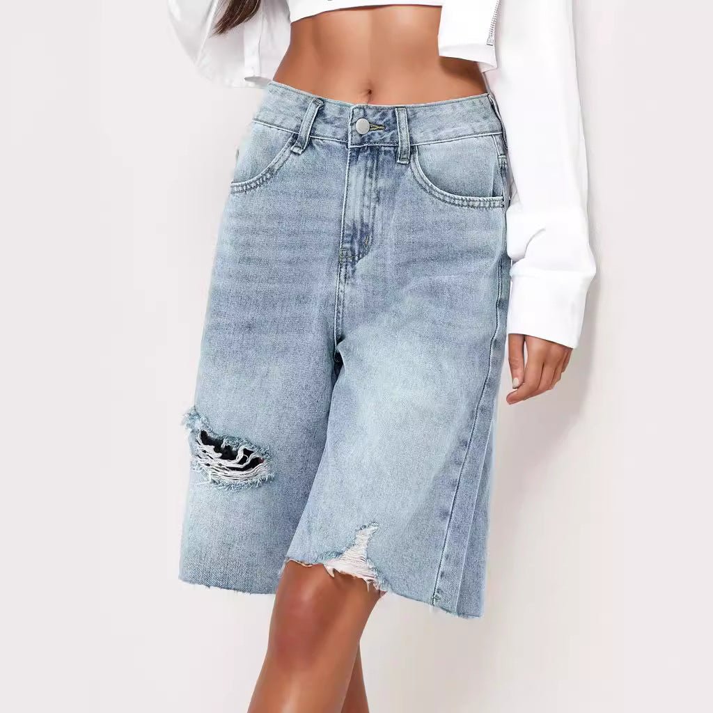 Summer High Waist Retro Worn Jeans Women Distressed Loose Raw Hem Cropped Pants - TayDiane