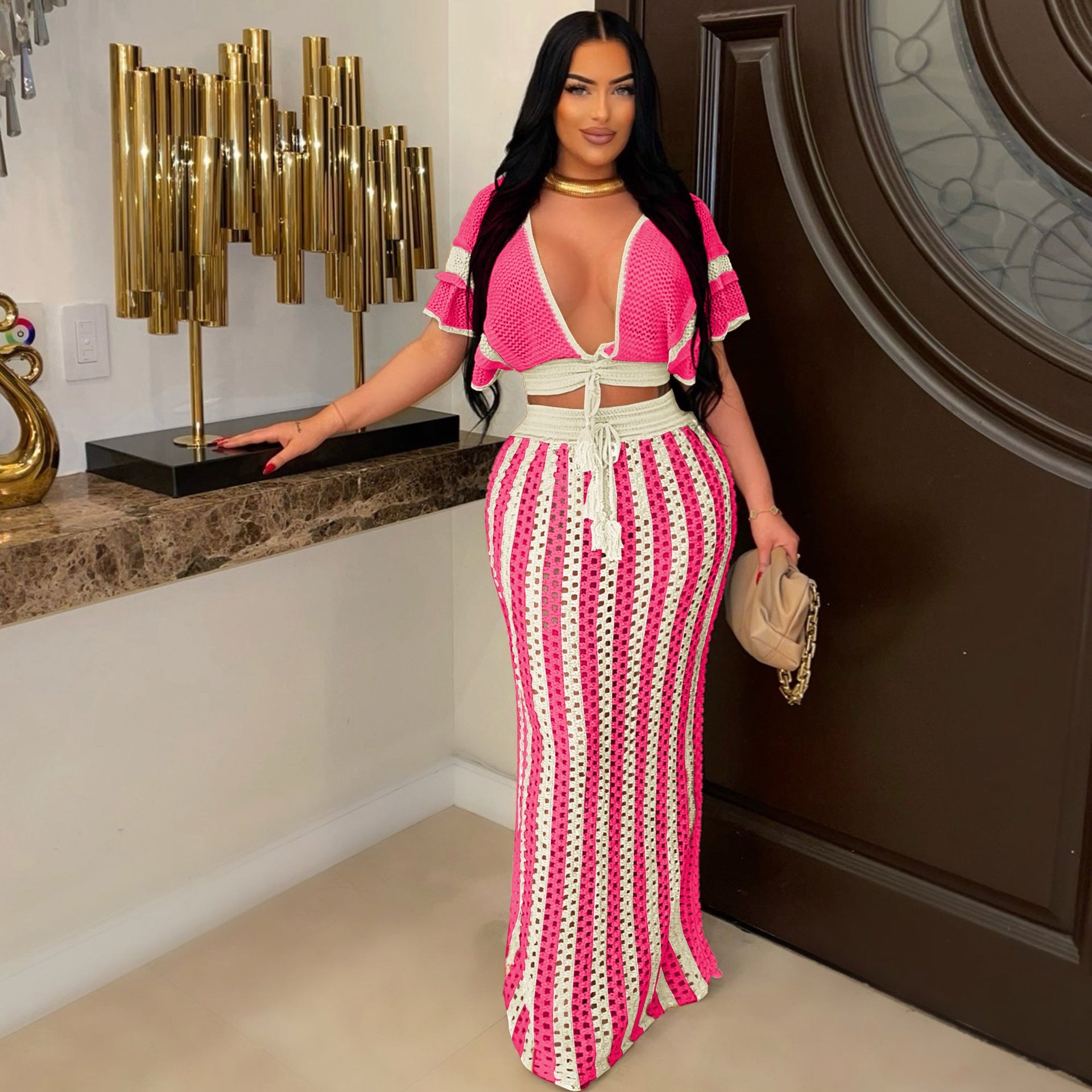 Summer Women Clothing Sexy V Neck Hollow Out Cutout Striped Knitted Women Skirt Set - TayDiane