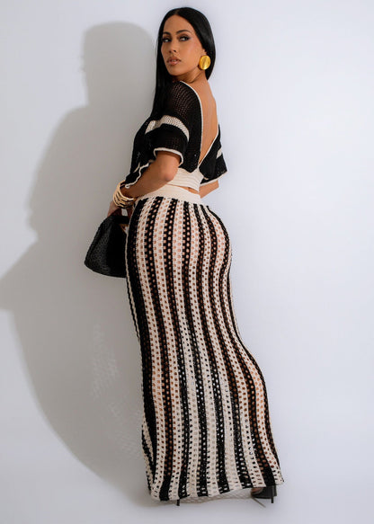 Summer Women Clothing Sexy V Neck Hollow Out Cutout Striped Knitted Women Skirt Set - TayDiane