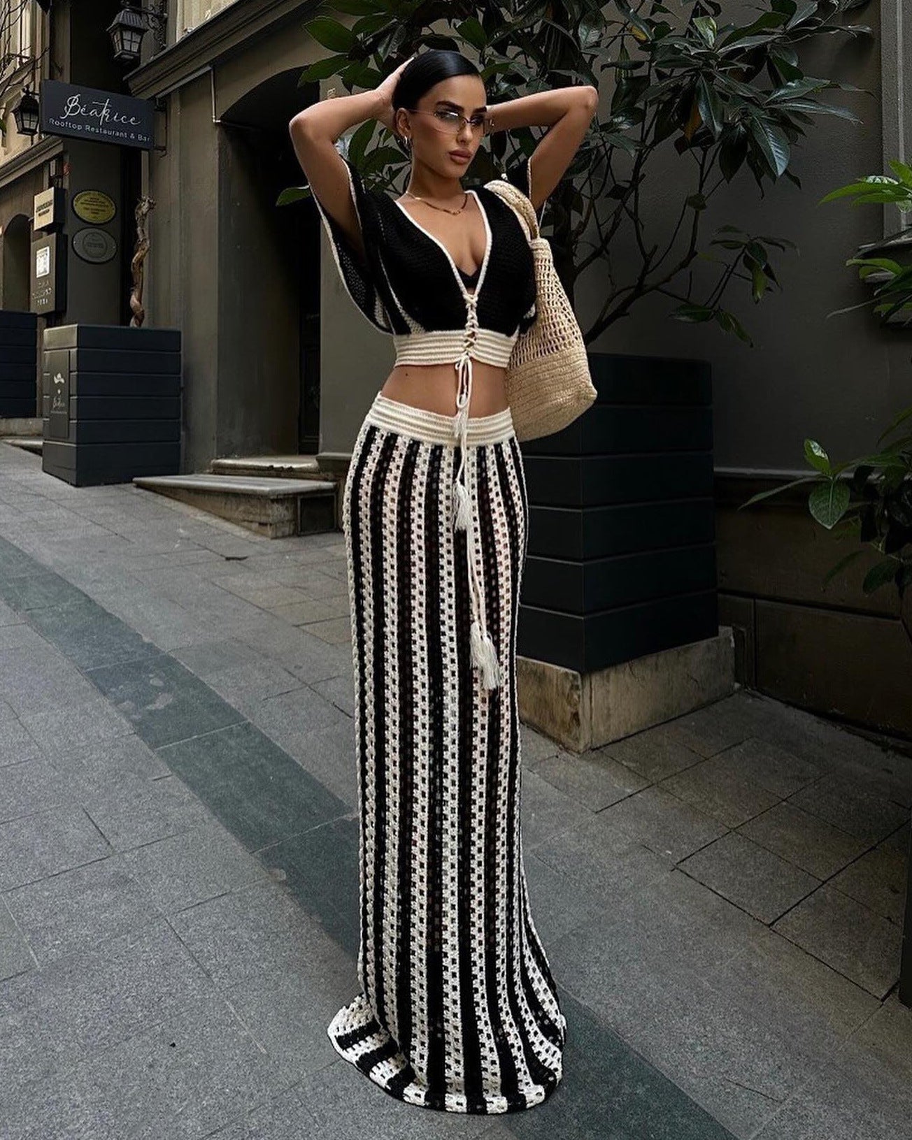 Summer Women Clothing Sexy V Neck Hollow Out Cutout Striped Knitted Women Skirt Set - TayDiane