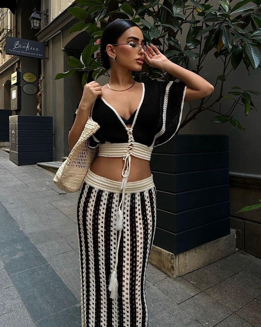 Summer Women Clothing Sexy V Neck Hollow Out Cutout Striped Knitted Women Skirt Set - TayDiane