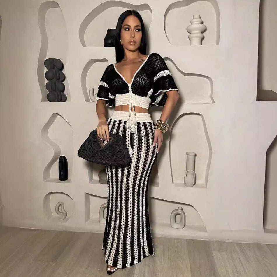 Summer Women Clothing Sexy V Neck Hollow Out Cutout Striped Knitted Women Skirt Set - TayDiane