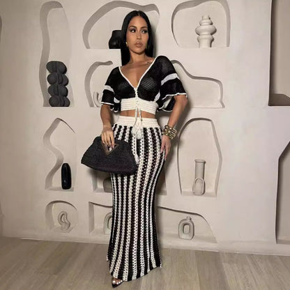 Summer Women Clothing Sexy V Neck Hollow Out Cutout Striped Knitted Women Skirt Set - TayDiane