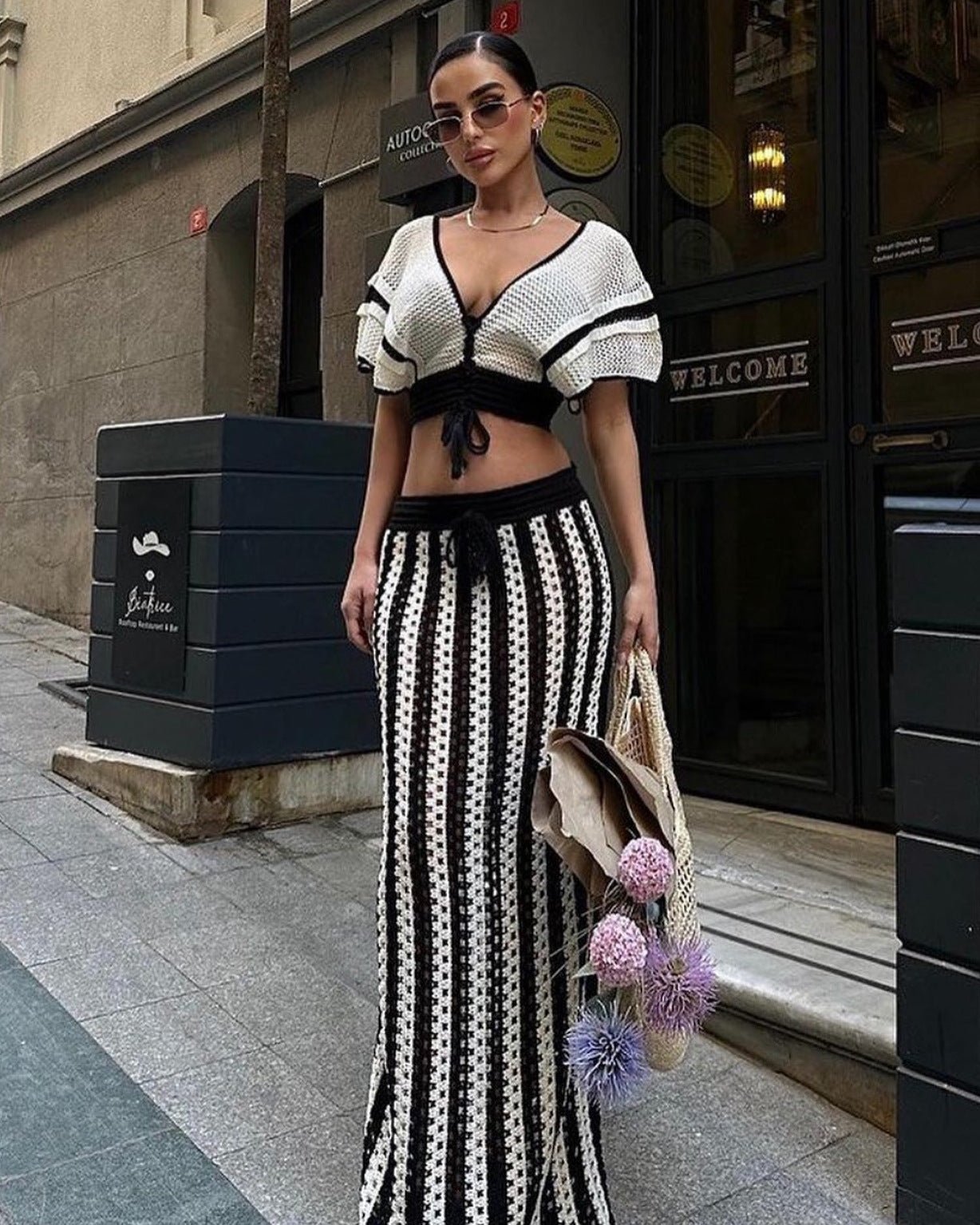 Summer Women Clothing Sexy V Neck Hollow Out Cutout Striped Knitted Women Skirt Set - TayDiane