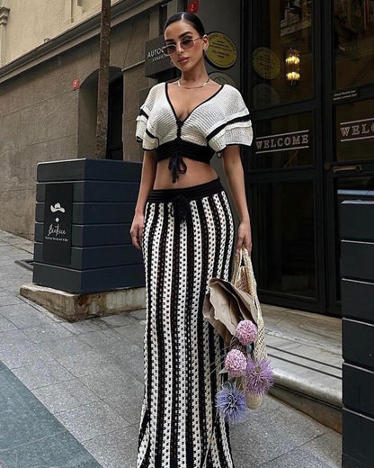 Summer Women Clothing Sexy V Neck Hollow Out Cutout Striped Knitted Women Skirt Set - TayDiane