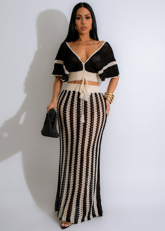 Summer Women Clothing Sexy V Neck Hollow Out Cutout Striped Knitted Women Skirt Set - TayDiane