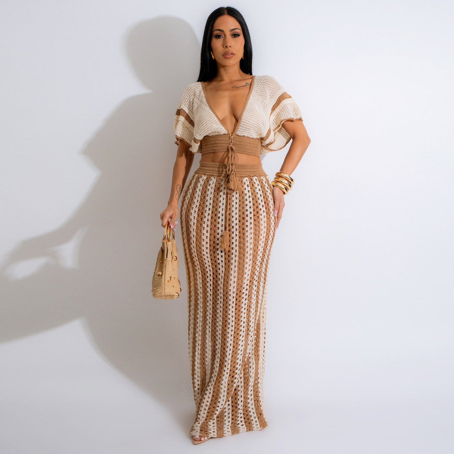 Summer Women Clothing Sexy V Neck Hollow Out Cutout Striped Knitted Women Skirt Set - TayDiane