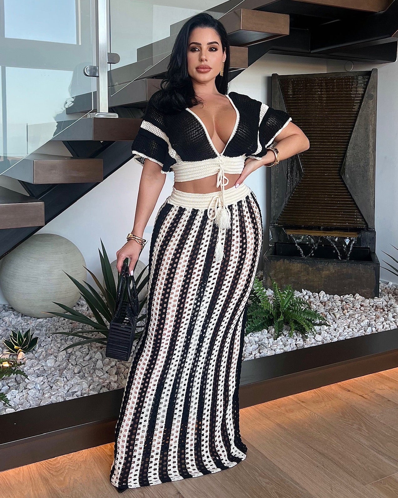 Summer Women Clothing Sexy V Neck Hollow Out Cutout Striped Knitted Women Skirt Set - TayDiane