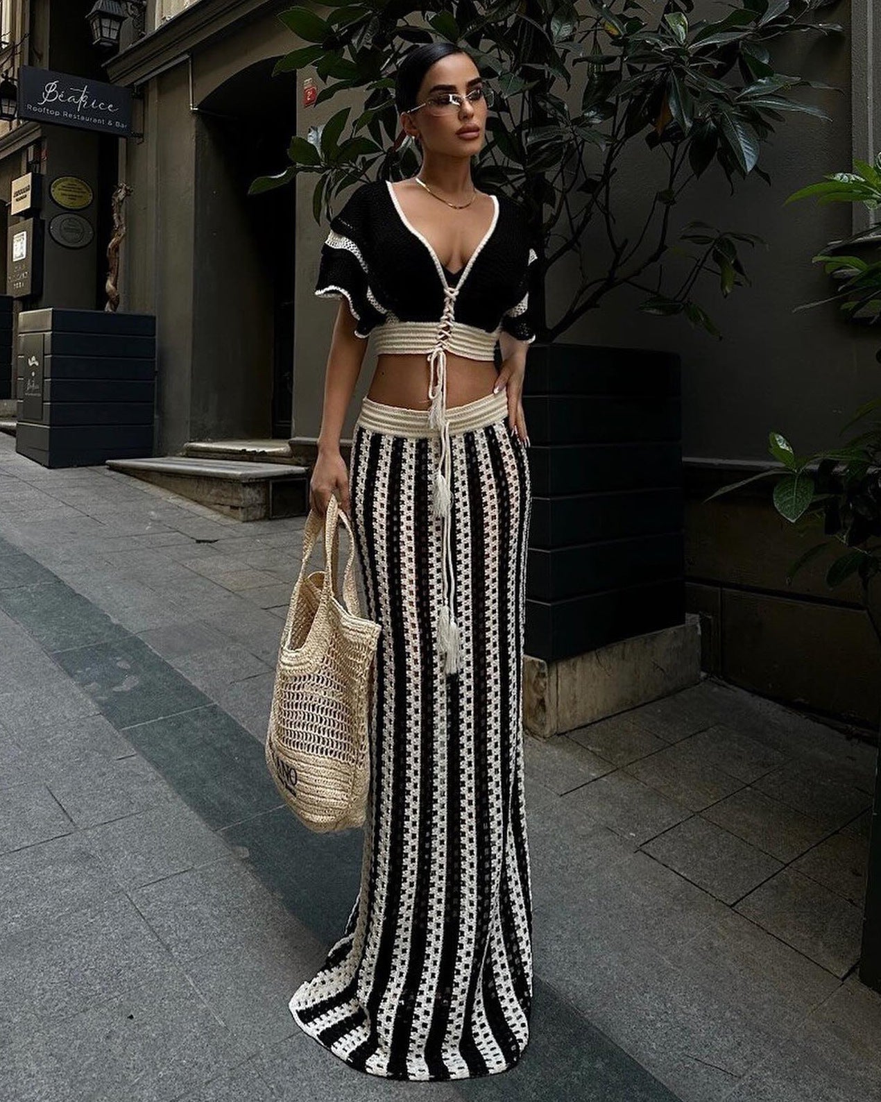 Summer Women Clothing Sexy V Neck Hollow Out Cutout Striped Knitted Women Skirt Set - TayDiane