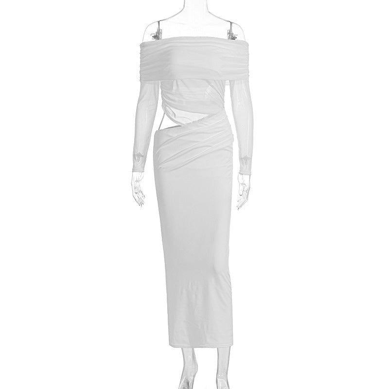 Summer Women Maxi Dress Sexy Mesh Stitching Slim Fit Tube Top Long Sleeve Dress - TayDiane