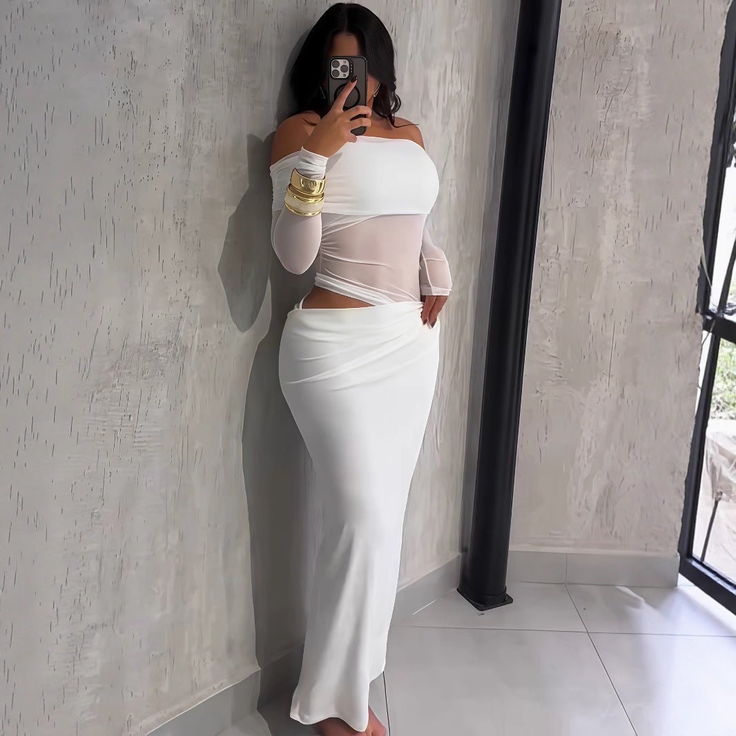 Summer Women Maxi Dress Sexy Mesh Stitching Slim Fit Tube Top Long Sleeve Dress - TayDiane